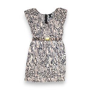 H&M Animal Print V Neck Ruffle Belted Midi Dress Size 8